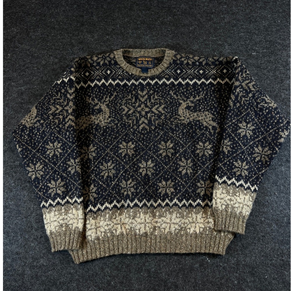 VINTAGE Woolrich Sweater Mens Large Reindeer Fair Isle Wool Knit Nordic Grandpa